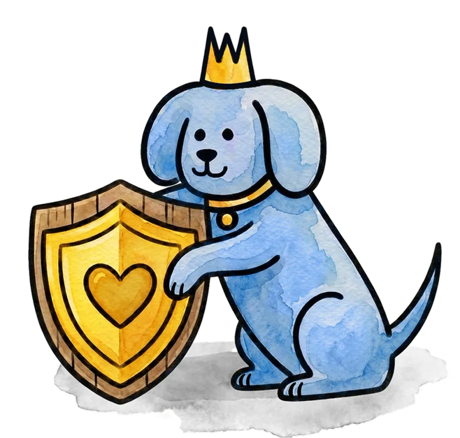 The BuddyGuard blue dog holding a protective shield